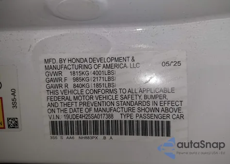 2025 Acura Integra z USA, uszkodzony, nr VIN 19UDE4H25SA017388